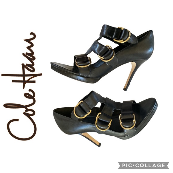 Cole Haan Open Toe Leather Buckle Heels - Picture 1 of 10